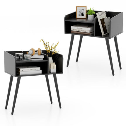 Black Nightstand with Open Shelf, Metal Legs, Set of 2
