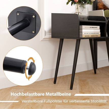 Black Nightstand with Open Shelf, Metal Legs, Set of 2