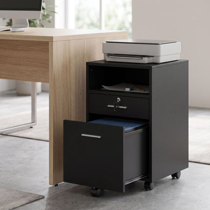 Black Office Rolling Cabinet, 2 Drawers, Lockable, 40x40x65 cm