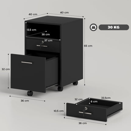 Black Office Rolling Cabinet, 2 Drawers, Lockable, 40x40x65 cm