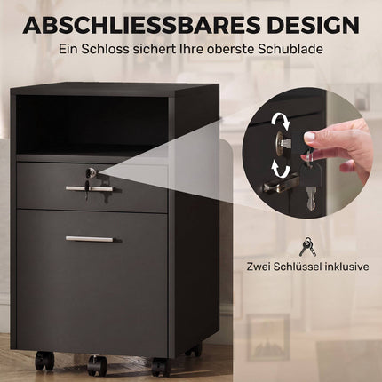 Black Office Rolling Cabinet, 2 Drawers, Lockable, 40x40x65 cm