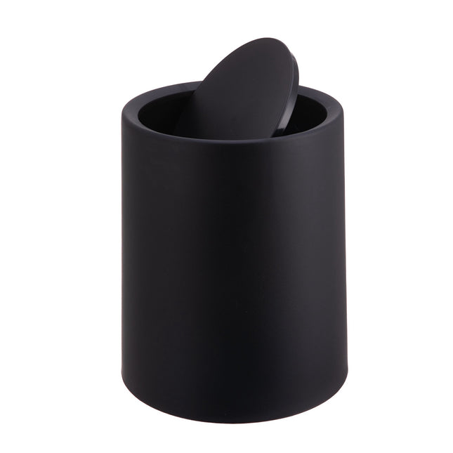 Zwarte plastic prullenbak voor de badkamer met scharnierend deksel, inhoud 6 liter