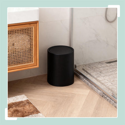 Black Plastic Bathroom Bin with Swing Lid, 6L Capacity