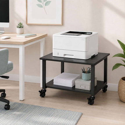 Black Printer Stand on Castors – Two-Tier, 50x50 cm