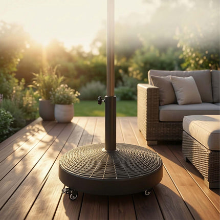 Black Rattan-Effect Parasol Base with Wheels