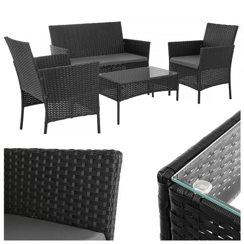 Black Rattan Garden Furniture Set – 2 Chairs, Sofa, Table