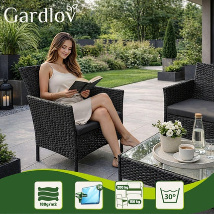 Black Rattan Garden Furniture Set – 2 Chairs, Sofa, Table