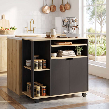 Black Rolling Kitchen Cart with Adjustable Shelves and Storage