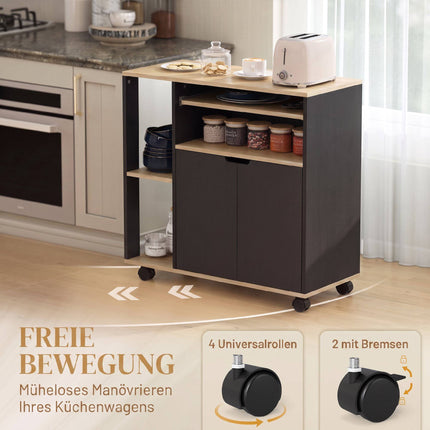 Black Rolling Kitchen Cart with Adjustable Shelves and Storage