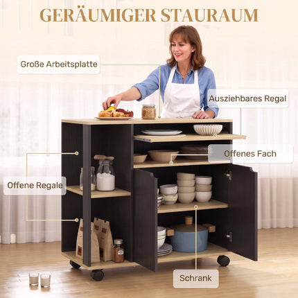 Black Rolling Kitchen Cart with Adjustable Shelves and Storage