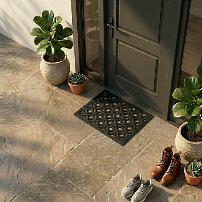 Black Rubber Doormat, Geometric Pattern, 60x40 cm