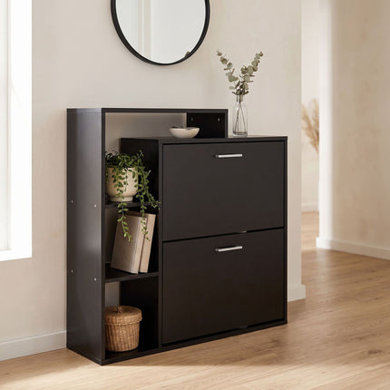 Black Shoe Cabinet with 2 Flaps – Compact Hallway Storage