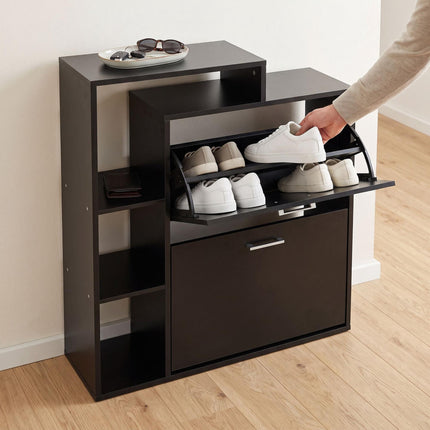 Black Shoe Cabinet with 2 Flaps – Compact Hallway Storage