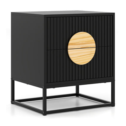 Black Side Table with 2 Drawers, Metal Frame & Pine Handles