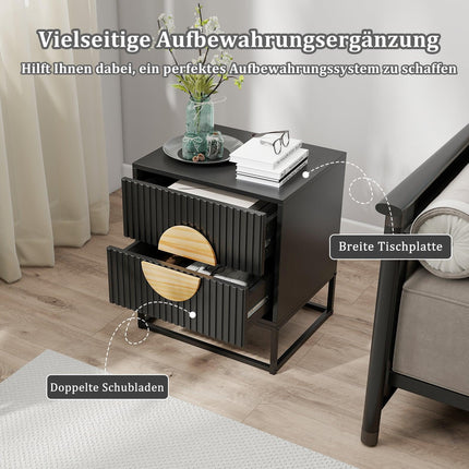 Black Side Table with 2 Drawers, Metal Frame & Pine Handles