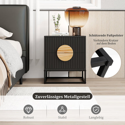 Black Side Table with 2 Drawers, Metal Frame & Pine Handles