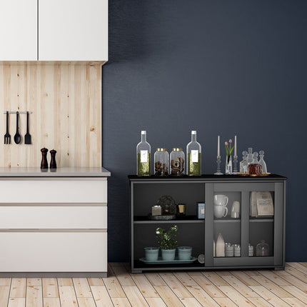 Black Sideboard with Sliding Glass Doors, Adjustable Shelves