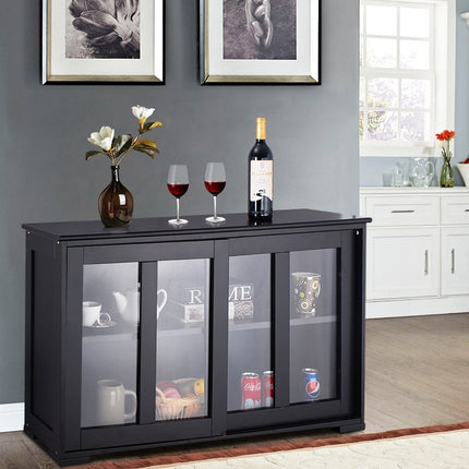 Black Sideboard with Sliding Glass Doors, Adjustable Shelves