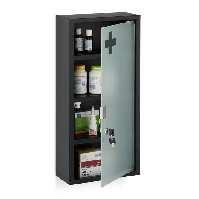 Black Steel Medicine Cabinet with Lockable Glass Door