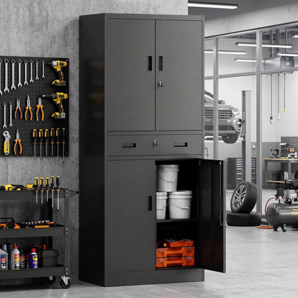 Black Steel Tool Cabinet with Lockable Doors and Adjustable Shelves