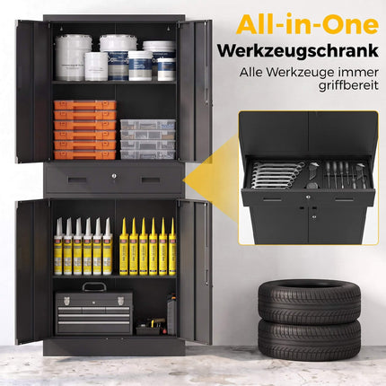 Black Steel Tool Cabinet with Lockable Doors and Adjustable Shelves