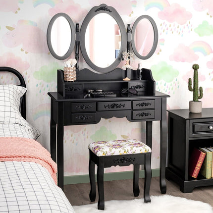 Black Vanity Table Set with Folding Mirror, Stool & Storage