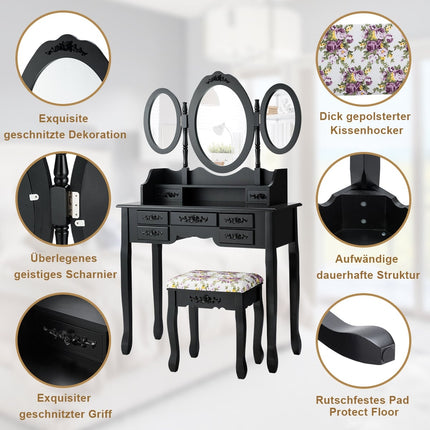 Black Vanity Table Set with Folding Mirror, Stool & Storage