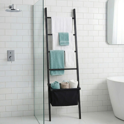Black Walnut Towel Ladder with Basket, 4 Rungs