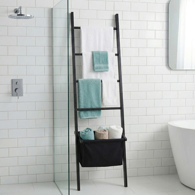 Black Walnut Towel Ladder with Basket, 4 Rungs