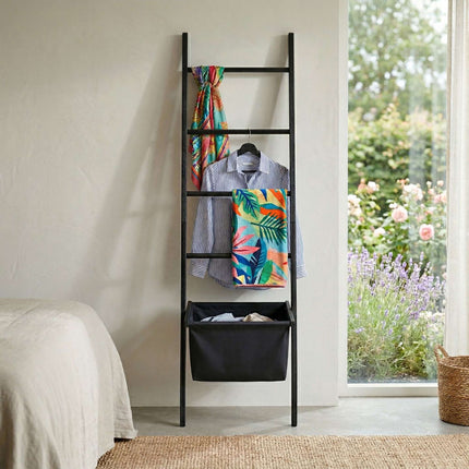 Black Walnut Towel Ladder with Basket, 4 Rungs