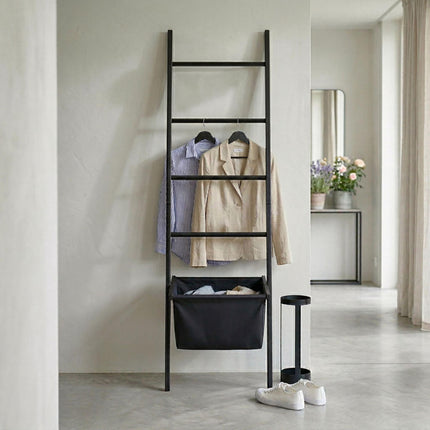 Black Walnut Towel Ladder with Basket, 4 Rungs