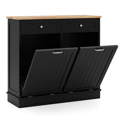 Black Waste Bin Cabinet with Rubberwood Top and Drawers