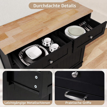 Black Waste Bin Cabinet with Rubberwood Top and Drawers