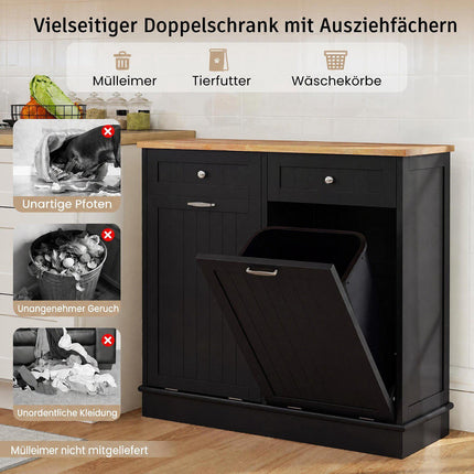 Black Waste Bin Cabinet with Rubberwood Top and Drawers