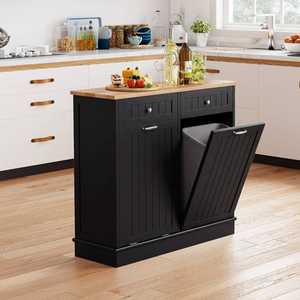 Black Waste Bin Cabinet with Rubberwood Top and Drawers