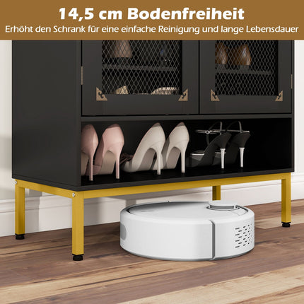 Black Wooden Shoe Cabinet with Adjustable Shelves & Mesh Doors