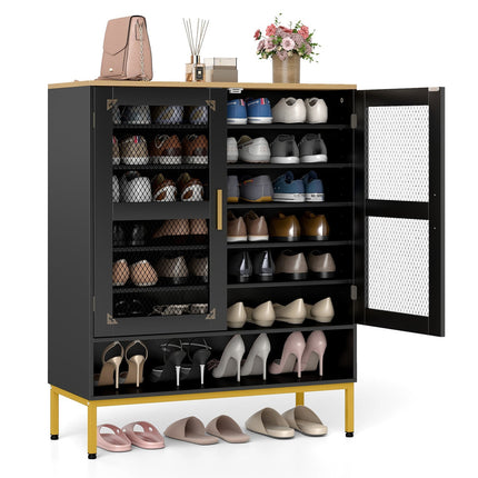 Black Wooden Shoe Cabinet with Adjustable Shelves & Mesh Doors