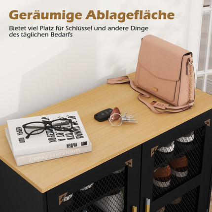 Black Wooden Shoe Cabinet with Adjustable Shelves & Mesh Doors
