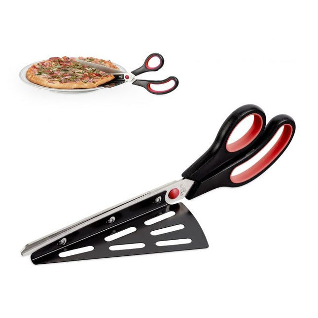 Black and red pizza cutter with lifting device