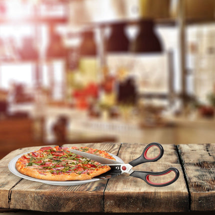 Black and red pizza cutter with lifting device