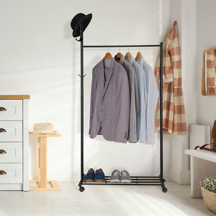 Black coat hanger with wheels