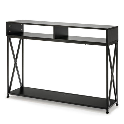 Black console table with open shelf and steel frame 120 x 23 x 79 cm