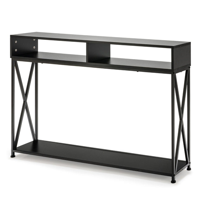 Black console table with open shelf and steel frame 120 x 23 x 79 cm