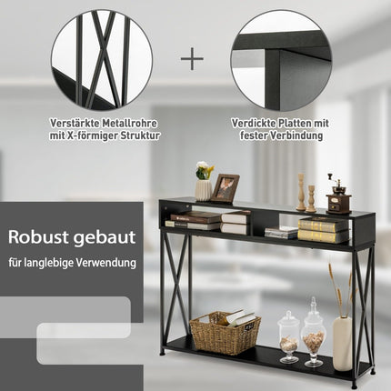Black console table with open shelf and steel frame 120 x 23 x 79 cm