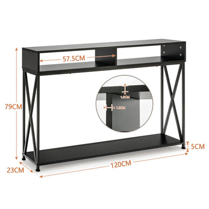 Black console table with open shelf and steel frame 120 x 23 x 79 cm