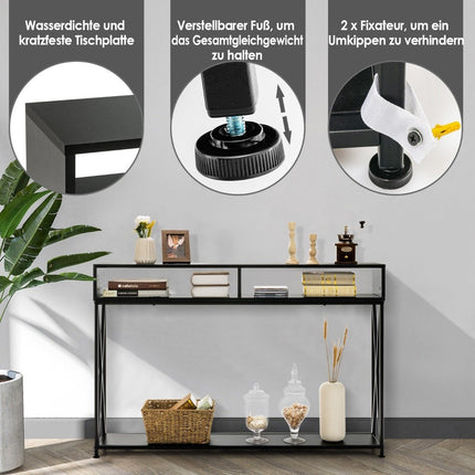 Black console table with open shelf and steel frame 120 x 23 x 79 cm