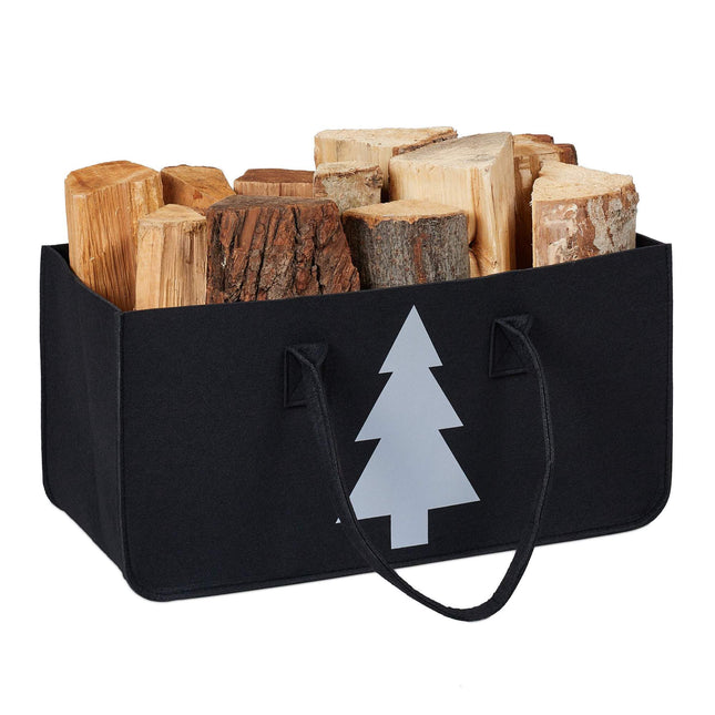 Black firewood bag in felt with motif