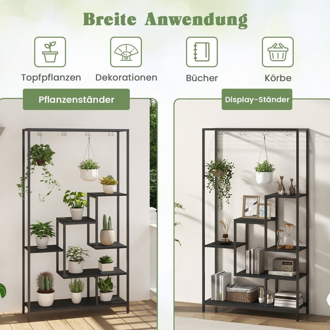 Black plant stand 6 tiers 180 cm plant shelf metal with 10 S-hooks