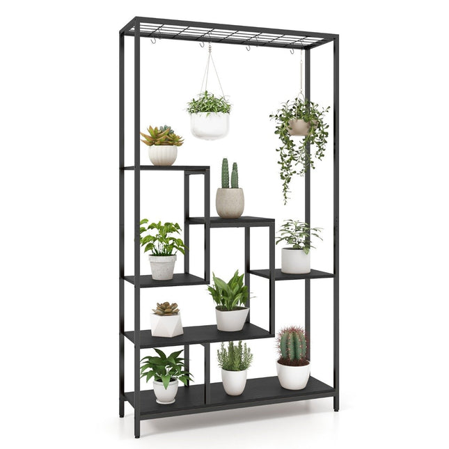 Black plant stand 6 tiers 180 cm plant shelf metal with 10 S-hooks