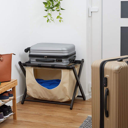 Black suitcase rack with laundry bag